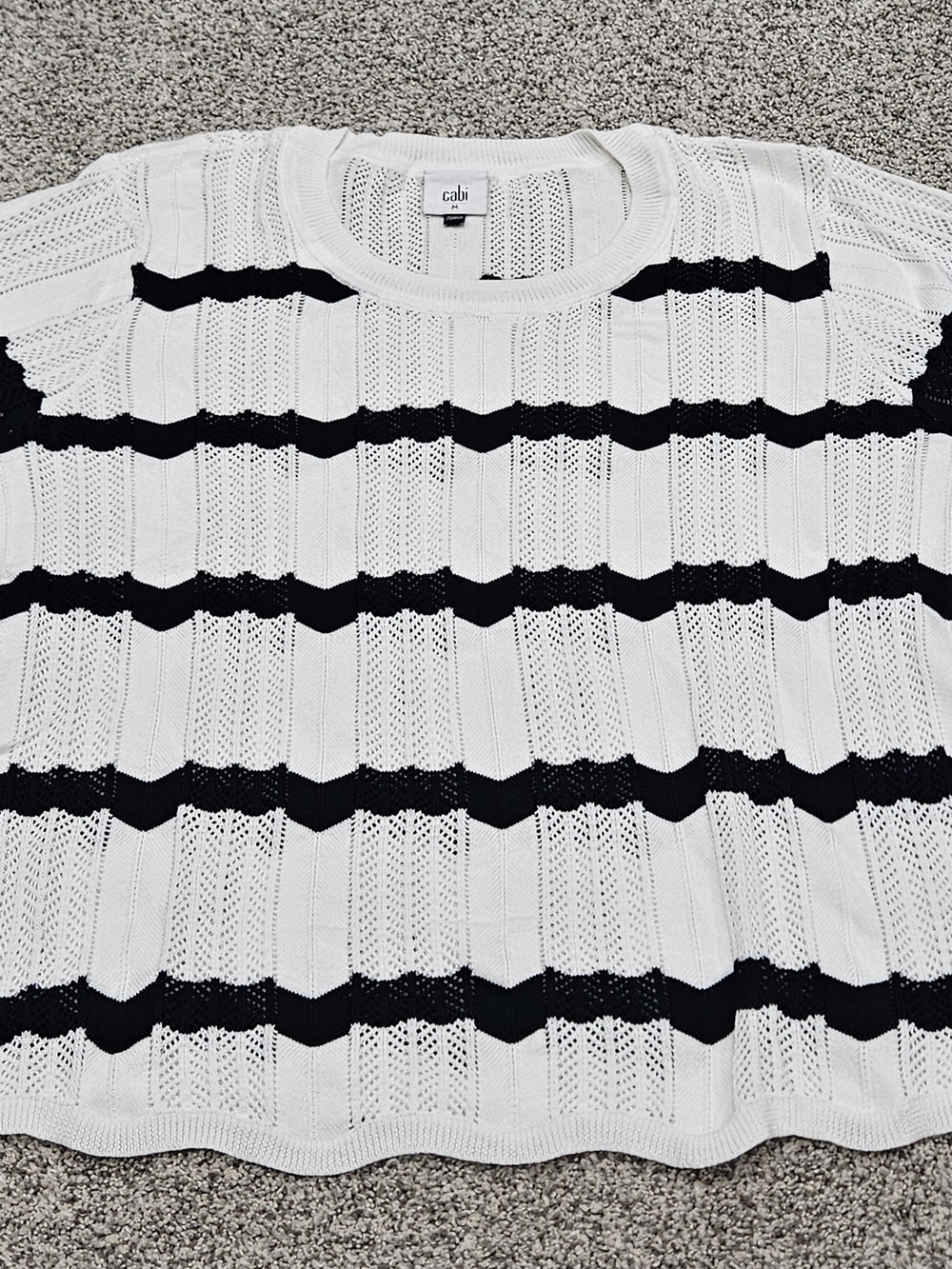 Cabi Open-Knit Striped Sweater in White and Navy - Picture 1 of 5